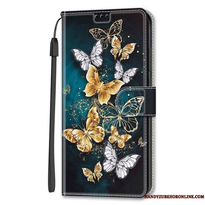Flip Cover Samsung Galaxy S22 Ultra 5G Med Snor Strap Butterflies Fan