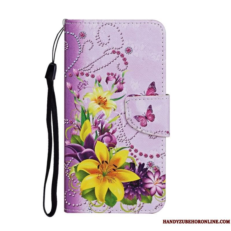 Flip Cover Samsung Galaxy S22 Ultra 5G Mesterlige Blomster Med Rem