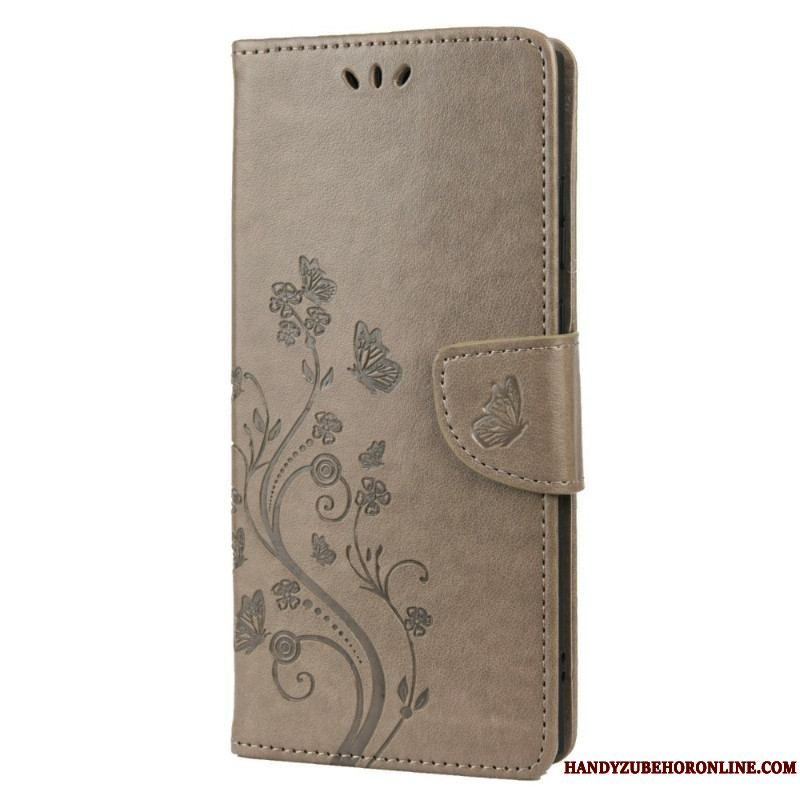 Flip Cover Samsung Galaxy S22 Ultra 5G Sommerfugle Og Blomster Med Snor