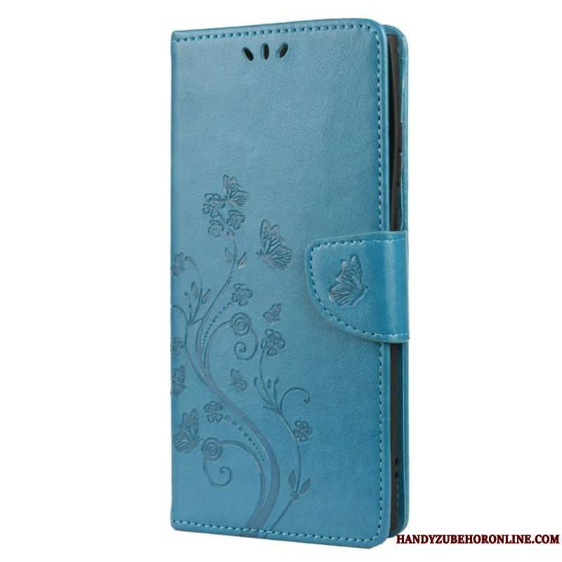 Flip Cover Samsung Galaxy S22 Ultra 5G Sommerfugle Og Blomster Med Snor