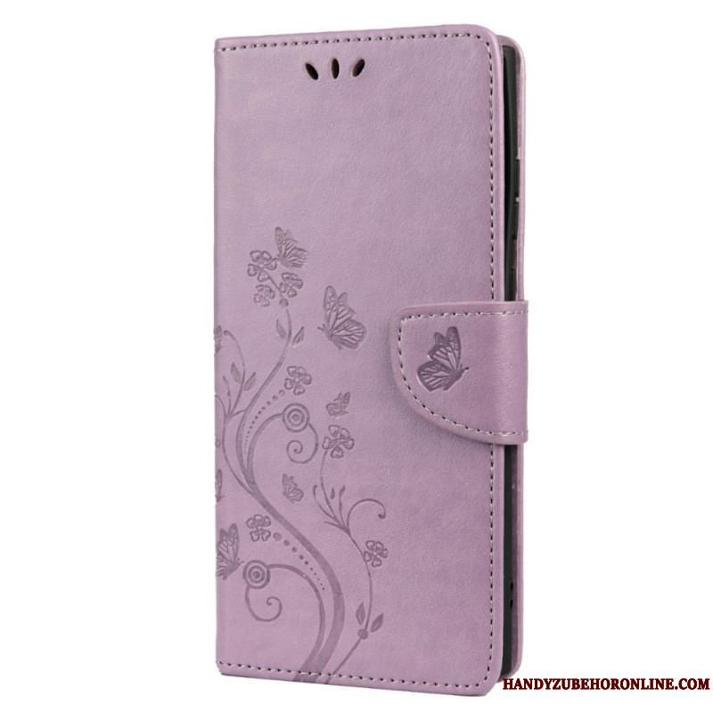 Flip Cover Samsung Galaxy S22 Ultra 5G Sommerfugle Og Blomster Med Snor