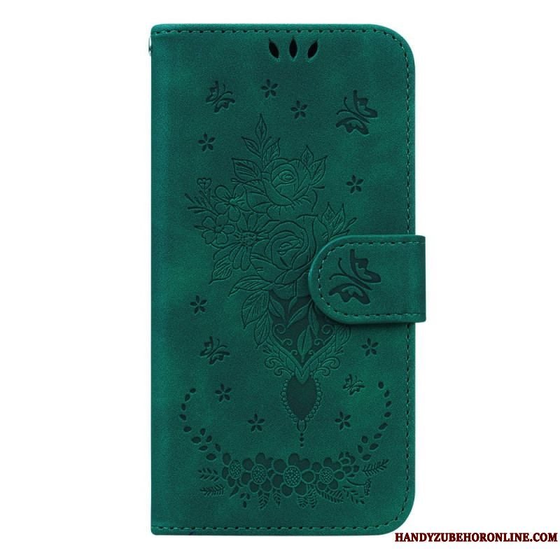 Flip Cover Samsung Galaxy S23 5G Med Snor Strappy Roser Og Sommerfugle