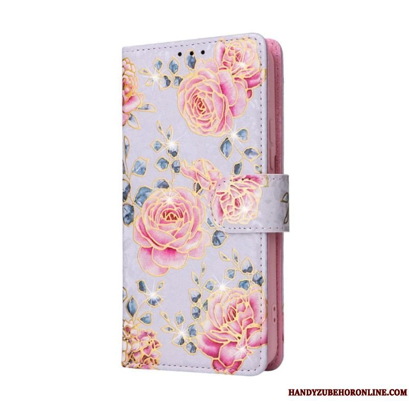 Flip Cover Samsung Galaxy S23 5G Rfid-blomster Med Snor