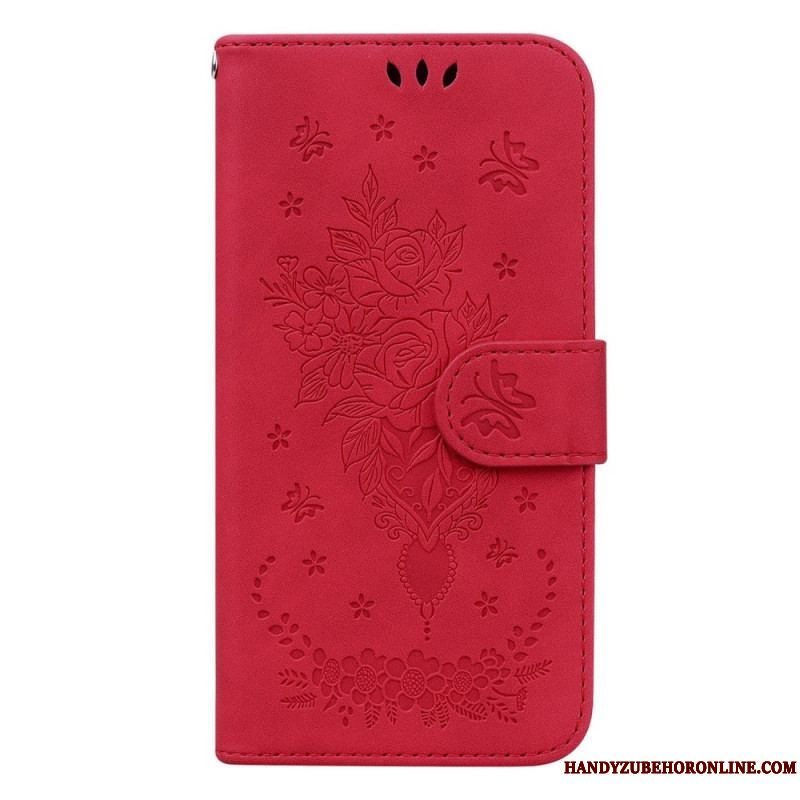 Flip Cover Samsung Galaxy S23 Plus 5G Med Snor Strappy Roser Og Sommerfugle