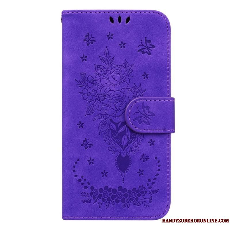 Flip Cover Samsung Galaxy S23 Plus 5G Med Snor Strappy Roser Og Sommerfugle