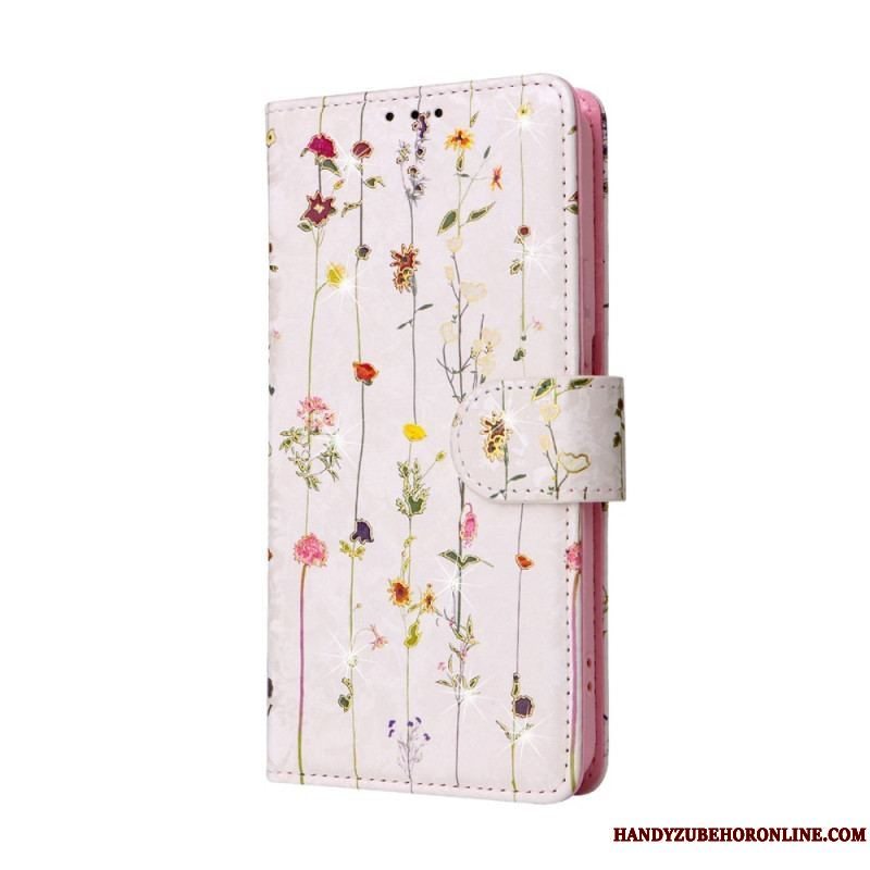 Flip Cover Samsung Galaxy S23 Plus 5G Rfid-blomster Med Snor