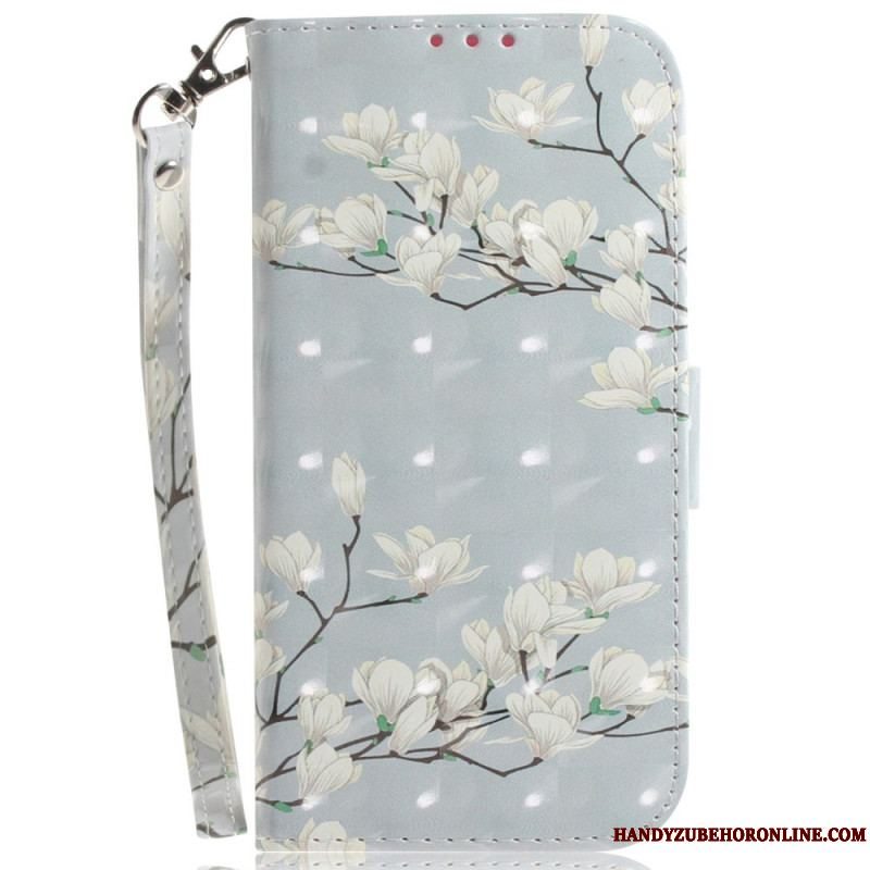 Flip Cover Samsung Galaxy S23 Ultra 5G Med Snor Strappy Hvide Blomster