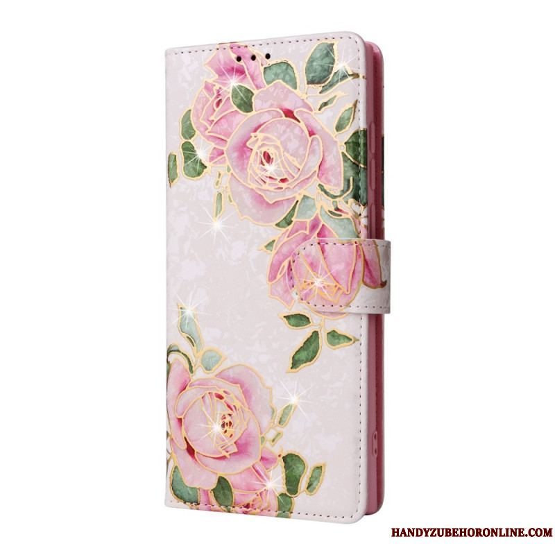 Flip Cover Samsung Galaxy S23 Ultra 5G Rfid-blomster Med Snor