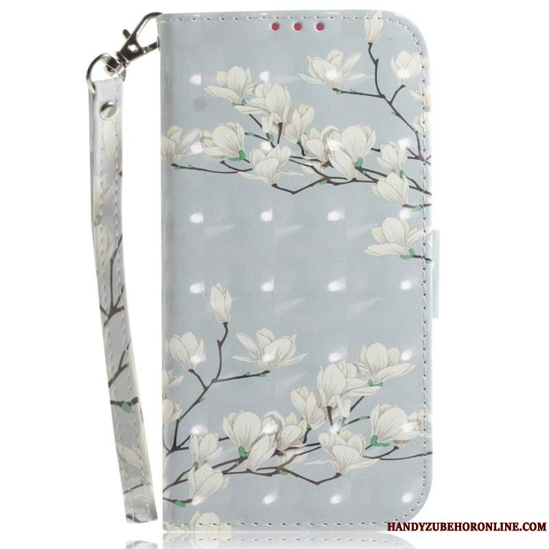Flip Cover Xiaomi 12 / 12X Med Snor Strappy Hvide Blomster