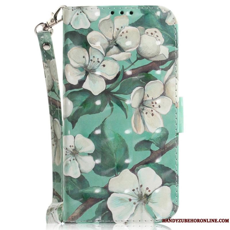 Flip Cover Xiaomi 12 / 12X Med Snor Strappy Hvide Blomster