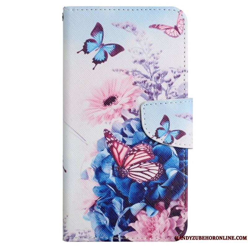 Flip Cover Xiaomi 12T / 12T Pro Blomstersommerfugle Med Snor
