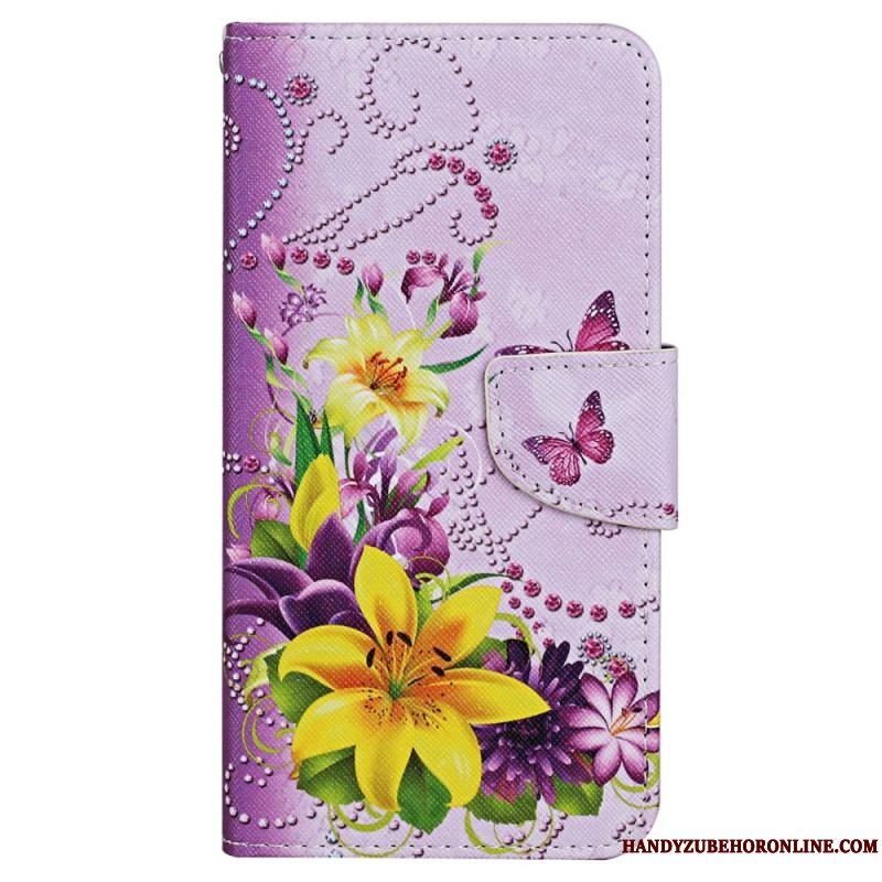 Flip Cover Xiaomi 12T / 12T Pro Blomstersommerfugle Med Snor