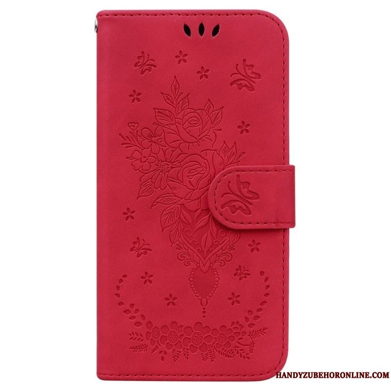 Flip Cover Xiaomi 13 Pro Med Snor Strappy Roser Og Sommerfugle