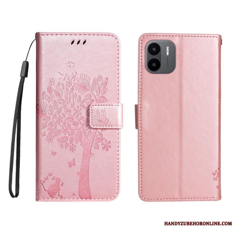 Flip Cover Xiaomi Redmi A1 Med Snor Træ Og Strappy Kat