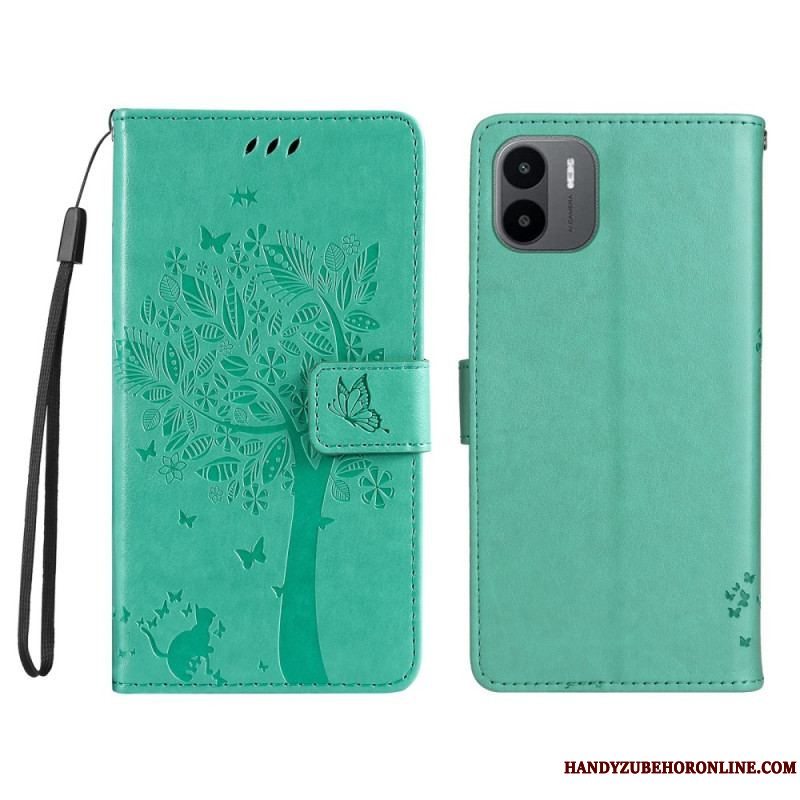 Flip Cover Xiaomi Redmi A1 Med Snor Træ Og Strappy Kat