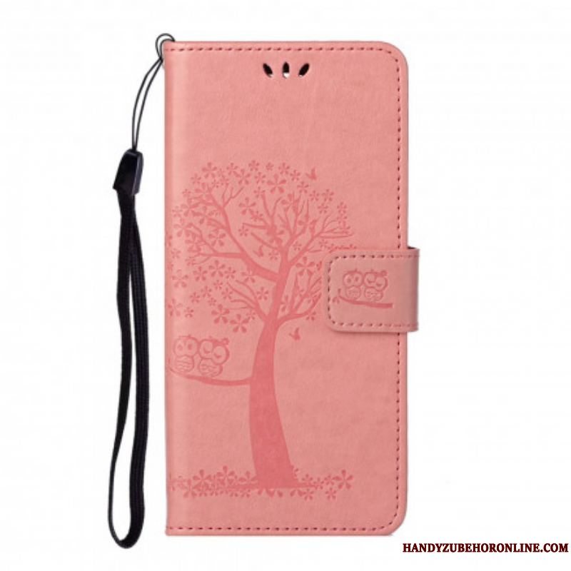 Flip Cover Xiaomi Redmi Note 10 Pro Med Snor Thong Træ Og Ugler