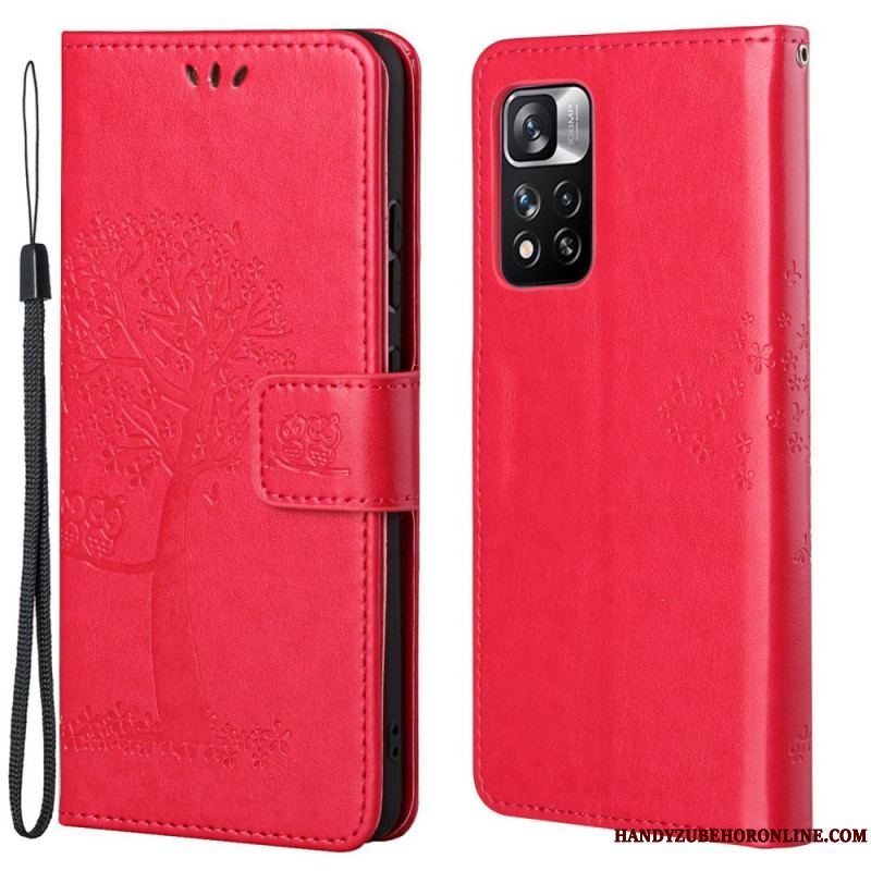 Flip Cover Xiaomi Redmi Note 11 Pro / 11 Pro 5G Med Snor Thong Træ Og Ugler