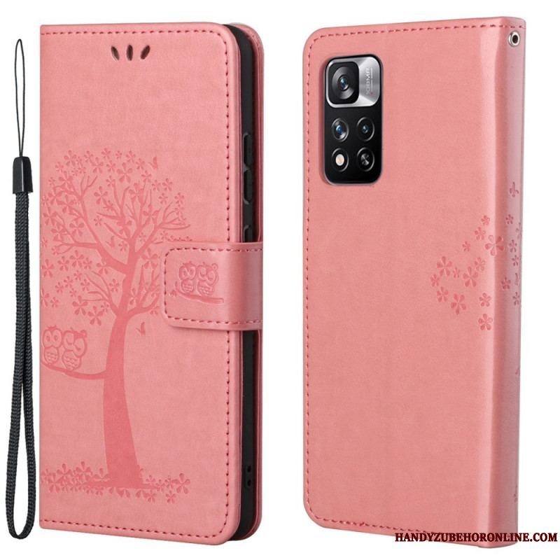 Flip Cover Xiaomi Redmi Note 11 Pro / 11 Pro 5G Med Snor Thong Træ Og Ugler