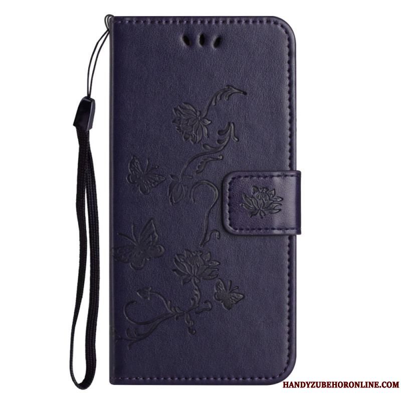 Flip Cover Xiaomi Redmi Note 12 4G Med Snor Blomster Og Sommerfugle Med Rem