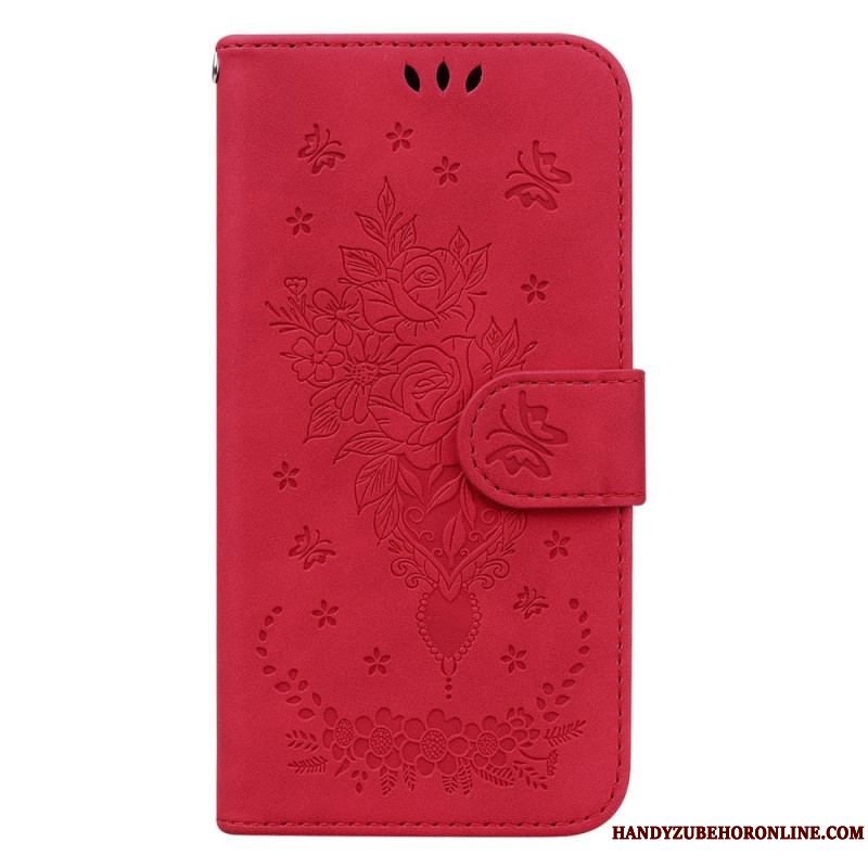 Flip Cover Xiaomi Redmi Note 12 4G Med Snor Strappy Roser Og Sommerfugle