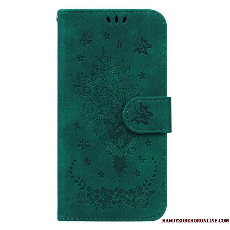 Flip Cover Xiaomi Redmi Note 12 4G Med Snor Strappy Roser Og Sommerfugle