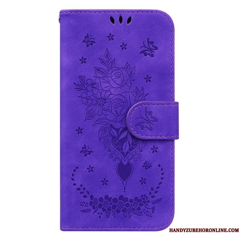 Flip Cover Xiaomi Redmi Note 12 4G Med Snor Strappy Roser Og Sommerfugle