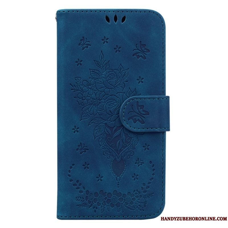 Flip Cover Xiaomi Redmi Note 12 4G Med Snor Strappy Roser Og Sommerfugle