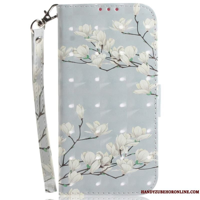 Flip Cover Xiaomi Redmi Note 12 5G Med Snor Strappy Hvide Blomster