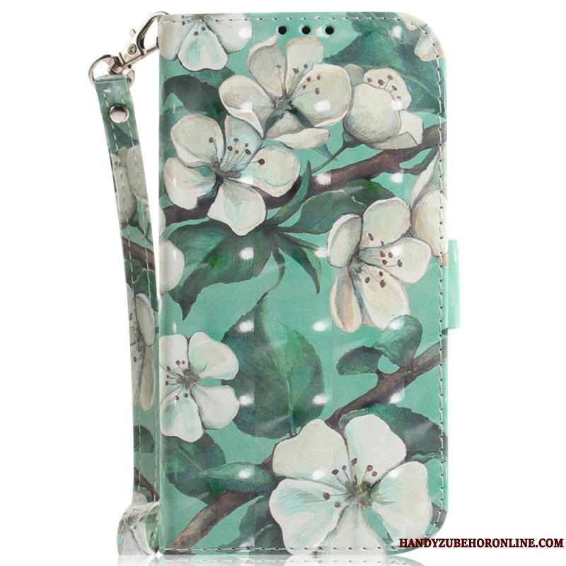 Flip Cover Xiaomi Redmi Note 12 5G Med Snor Strappy Hvide Blomster