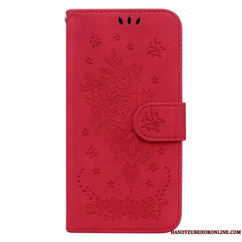 Flip Cover Xiaomi Redmi Note 12 5G Med Snor Strappy Roser Og Sommerfugle