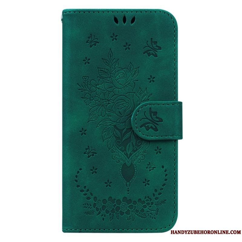 Flip Cover Xiaomi Redmi Note 12 5G Med Snor Strappy Roser Og Sommerfugle