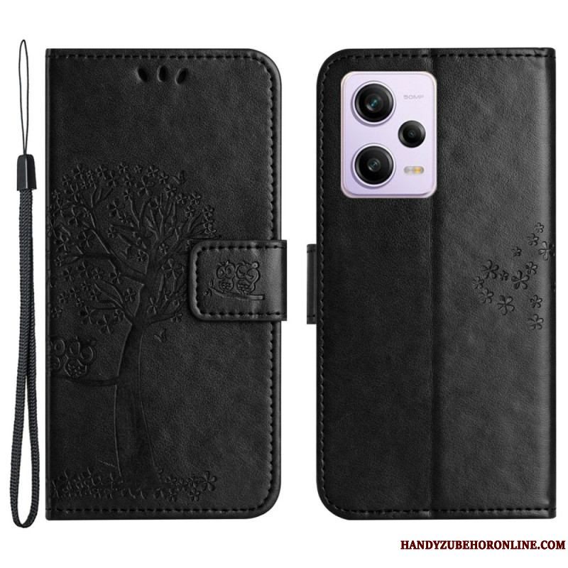 Flip Cover Xiaomi Redmi Note 12 5G Med Snor Thong Træ Og Ugler