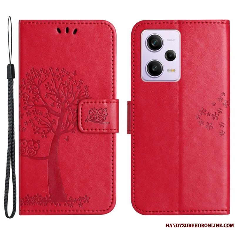 Flip Cover Xiaomi Redmi Note 12 5G Med Snor Thong Træ Og Ugler