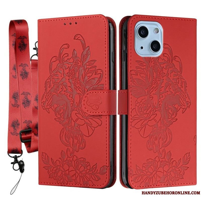 Flip Cover iPhone 13 Mini Med Snor Barok Strappy Tiger