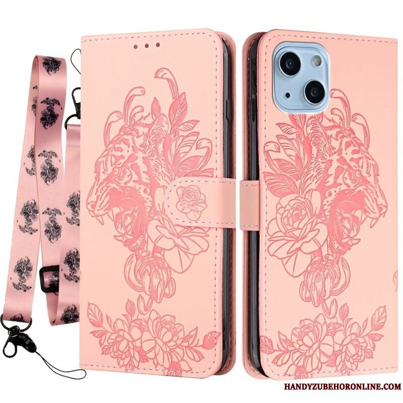 Flip Cover iPhone 13 Mini Med Snor Barok Strappy Tiger