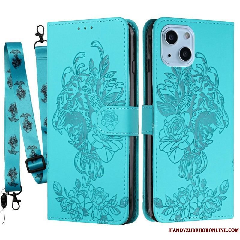 Flip Cover iPhone 13 Mini Med Snor Barok Strappy Tiger