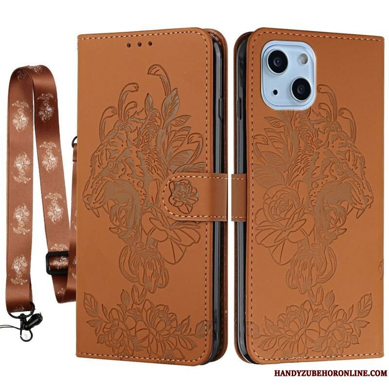 Flip Cover iPhone 13 Mini Med Snor Barok Strappy Tiger