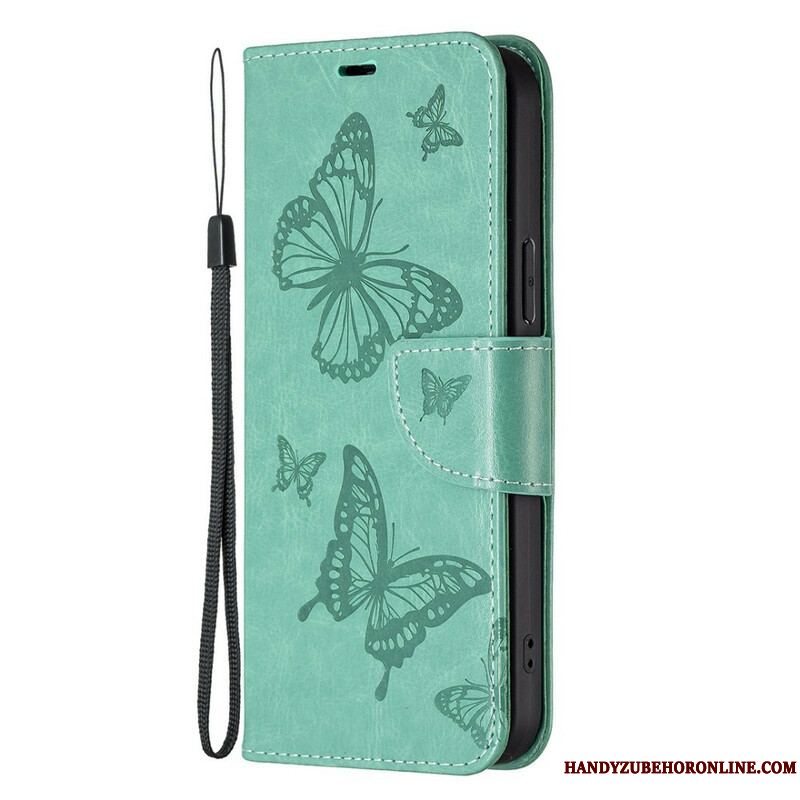 Flip Cover iPhone 13 Pro Med Snor Sommerfugle Trykt Strappy