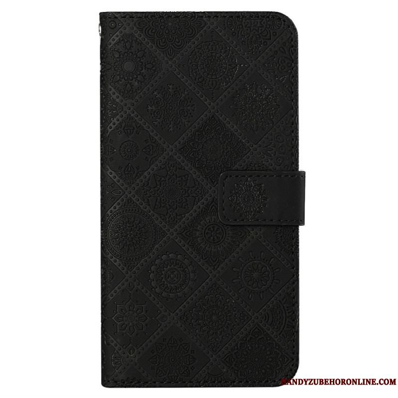 Flip Cover iPhone 14 Med Snor Rem Tapestry Mønster