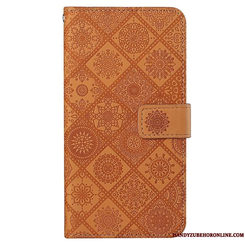 Flip Cover iPhone 14 Med Snor Rem Tapestry Mønster