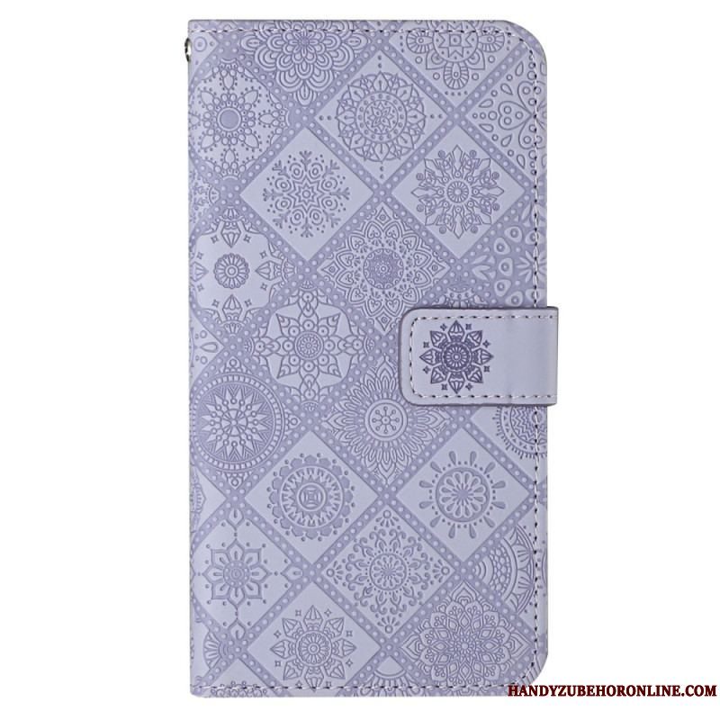 Flip Cover iPhone 14 Med Snor Rem Tapestry Mønster