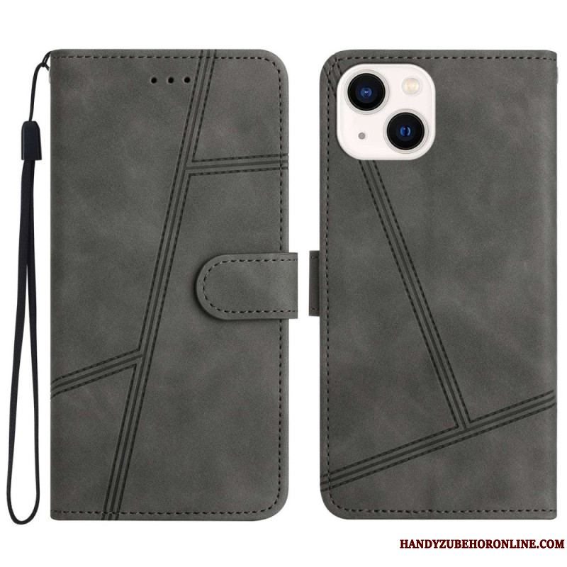 Flip Cover iPhone 14 Plus Med Snor Lædereffekt Geo Stitching Strappy