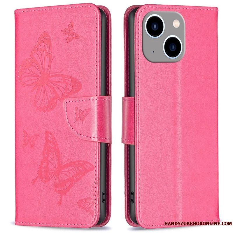 Flip Cover iPhone 14 Plus Med Snor Sommerfugle Trykt Strappy