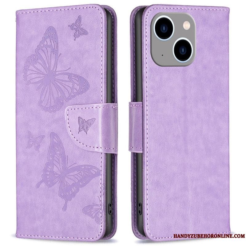 Flip Cover iPhone 14 Plus Med Snor Sommerfugle Trykt Strappy