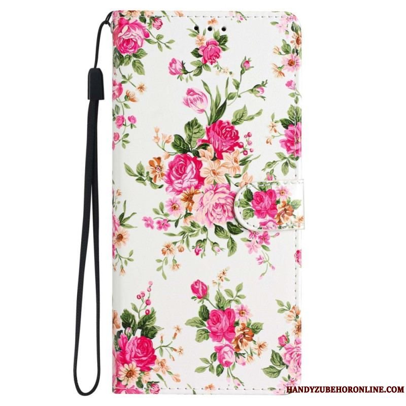 Flip Cover iPhone 15 Med Snor Frihedsblomster Med Rem