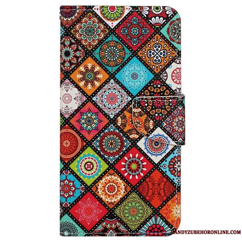 Flip Cover iPhone 15 Med Snor Smukt Patchwork Med Rem