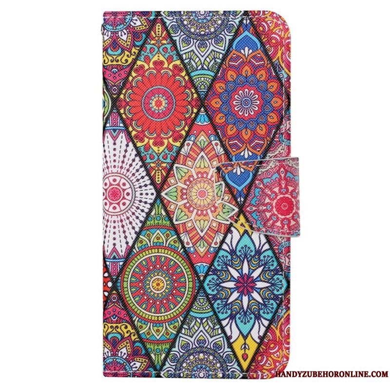 Flip Cover iPhone 15 Med Snor Smukt Patchwork Med Rem