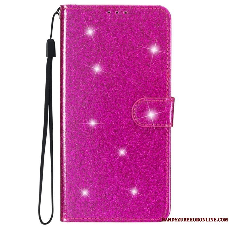 Flip Cover iPhone 15 Plus Med Snor Glittereffekt Med Rem