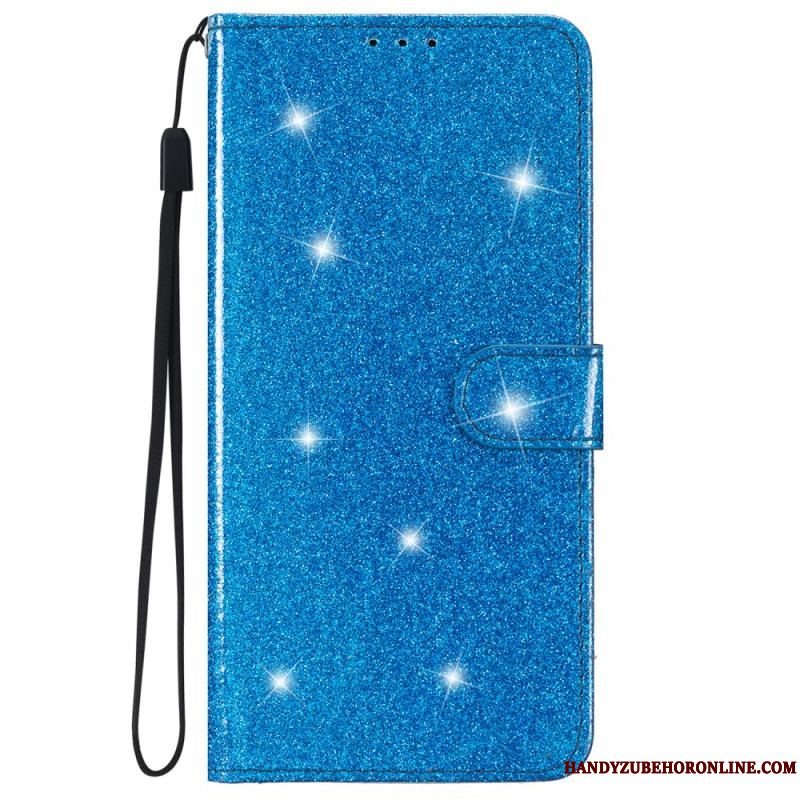 Flip Cover iPhone 15 Plus Med Snor Glittereffekt Med Rem