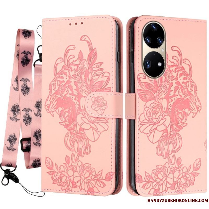 Læder Cover Huawei P50 Pro Med Snor Barok Strappy Tiger